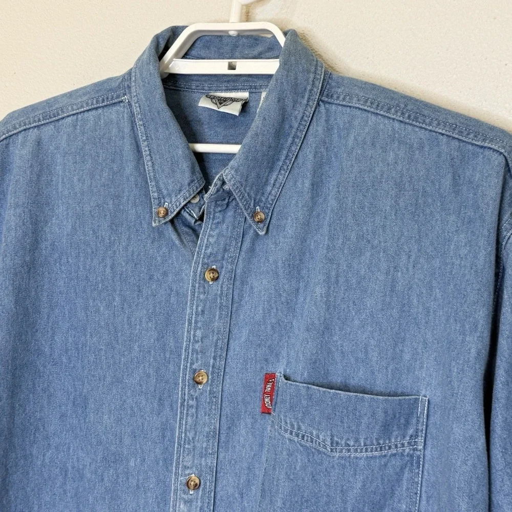 Vintage Denim Looney Tunes Acme Clothing Co. Embroidered Button Up Shirt Size XL